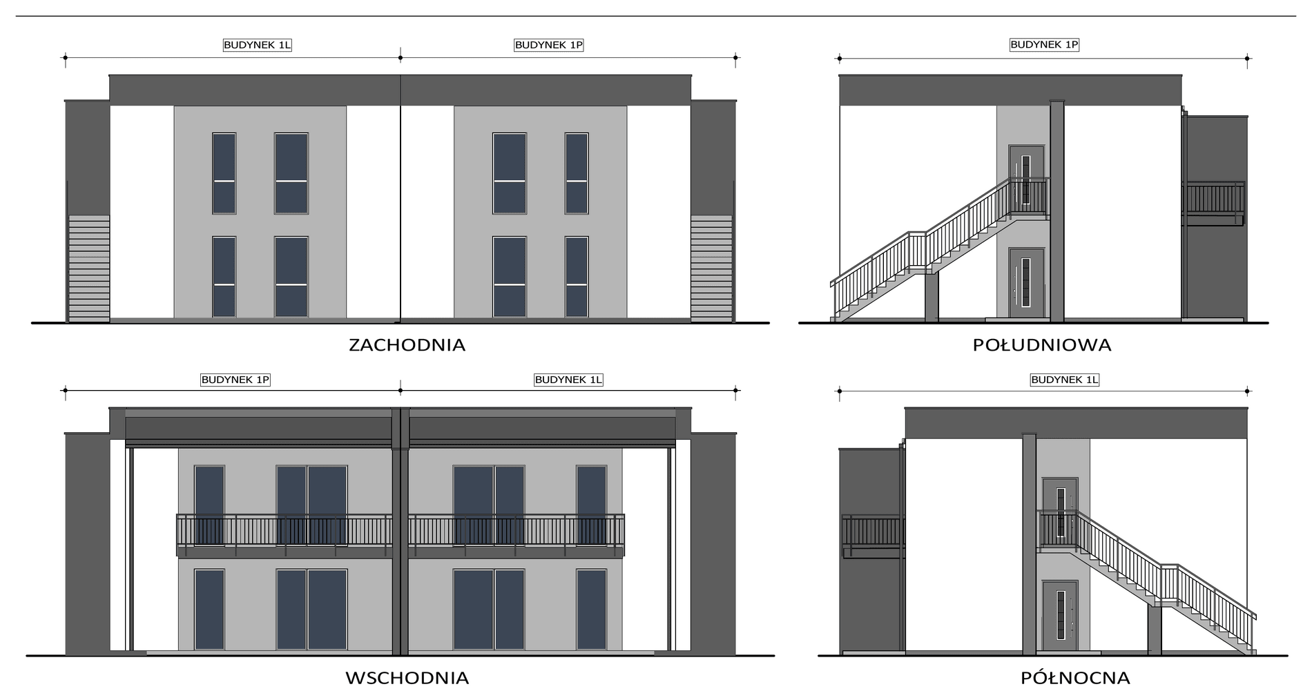 Elewacje budynku 1 — zachodnia, południowa, wschodnia i północna